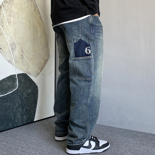 男直筒宽松百搭阔腿裤 秋季 牛仔裤 休闲痞帅重磅刺绣复古工装 子 美式