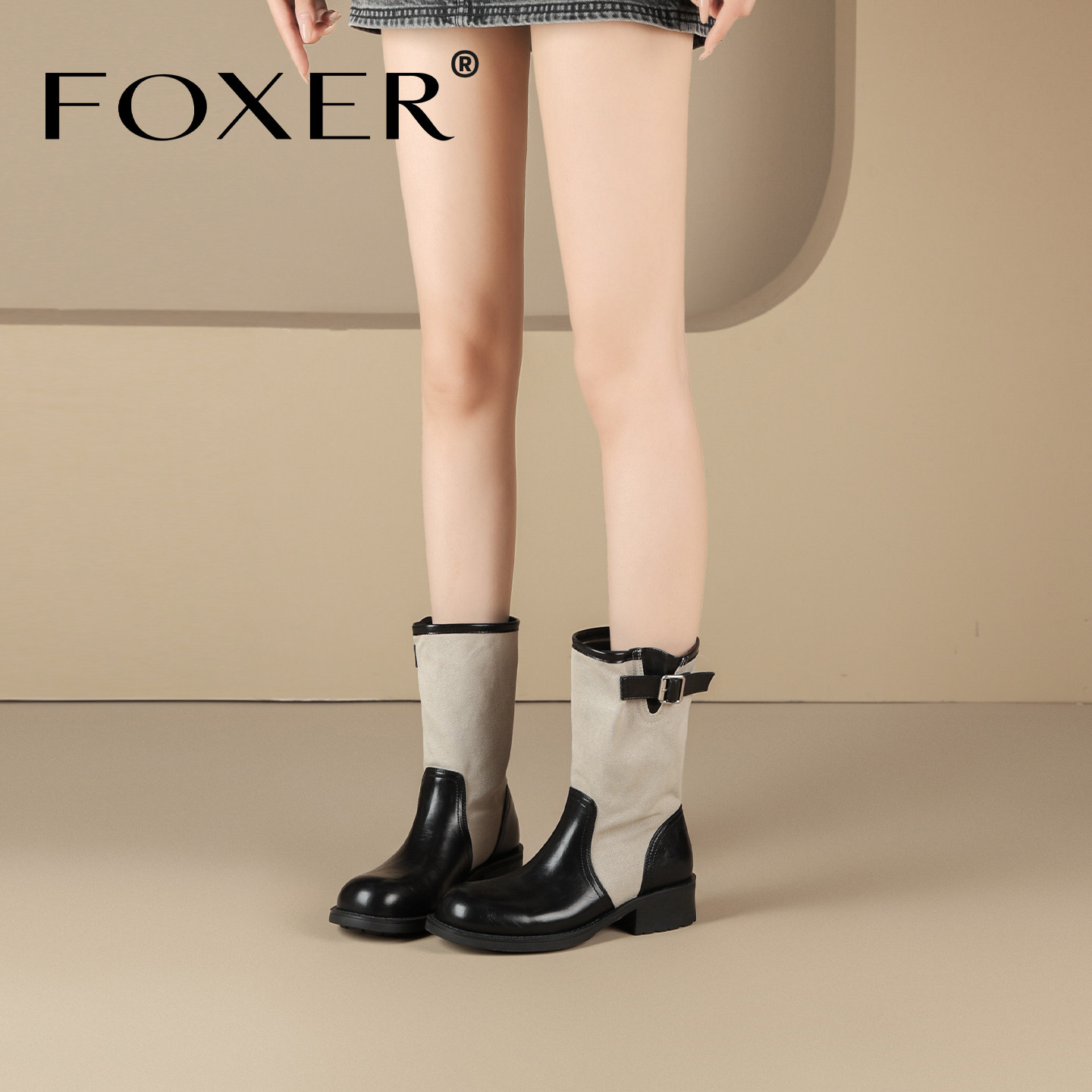 FOXER复古金属扣粗跟骑士靴女款