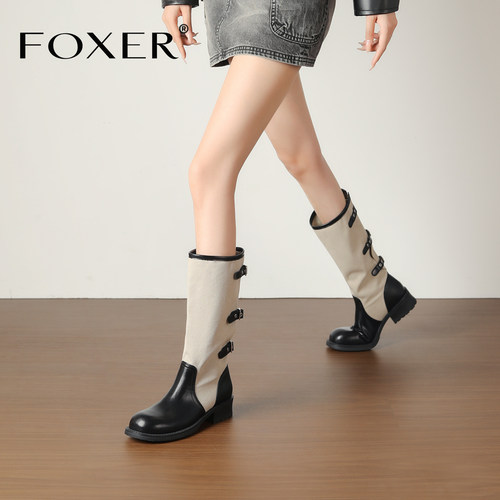 FOXER复古拼接皮带扣长筒靴女款