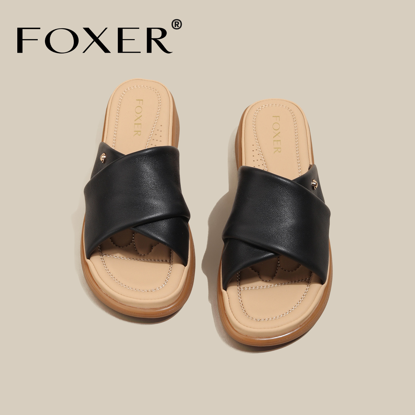 FOXER羊皮一字拖女厚底外穿时尚