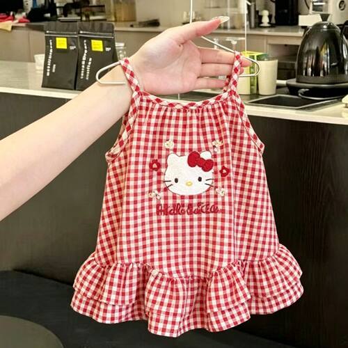 宠物狗狗衣服红白格纹 Hello Kitty甜美吊带裙柯基猫咪中小狗春夏