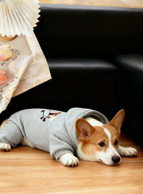 狗衣服冬季灰色卡通小狗刺绣秋冬中型犬柯基法斗保暖连帽四脚衣