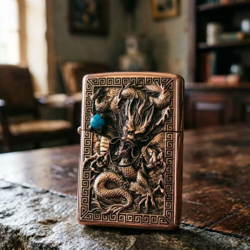 正品Zippo打火机 祥龙戏珠贴章款 复古红铜做旧男士礼物收藏礼物