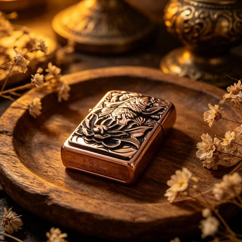 Zippo打火机正品 铜雕贴章锦鲤荷花 年年有余防风煤油打火机