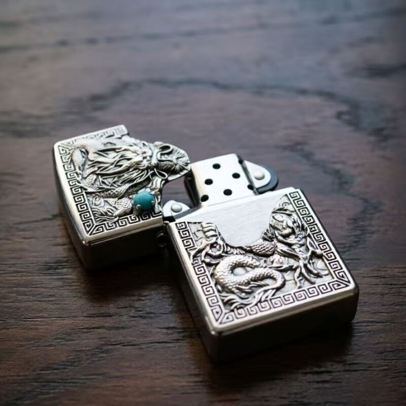 Zippo打火机正品 立体贴章龙镶绿松石盔甲机 防风煤油送男友礼物