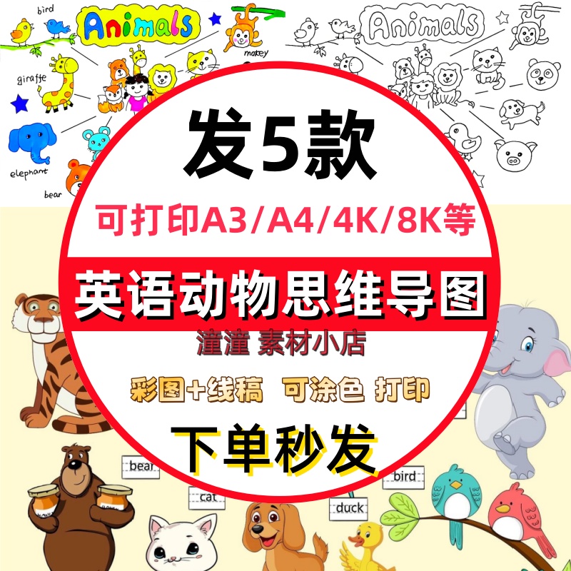 英语动物思维导图手抄报模板电子版三年级Animal认识动物线稿小报