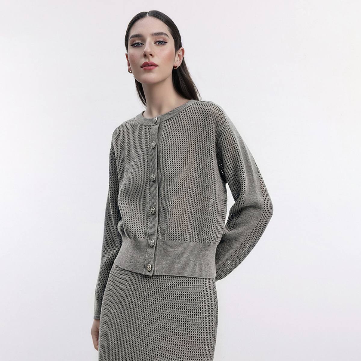 OHD&ONE羊毛开衫圆领镂空针织衫