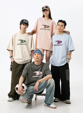 AFZZ日系莫兰迪色印花宽松短袖T恤男情侣夏季纯棉美式复古体恤