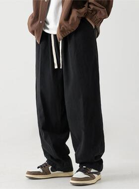 AFZZ日系复古垂感纯棉休闲裤双打褶设计百搭宽松阔腿裤工装长裤男