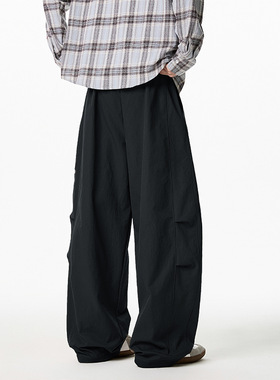 AFZZ日系复古褶皱设计宽松弯刀直筒休闲裤宽松纯色微阔裤子男