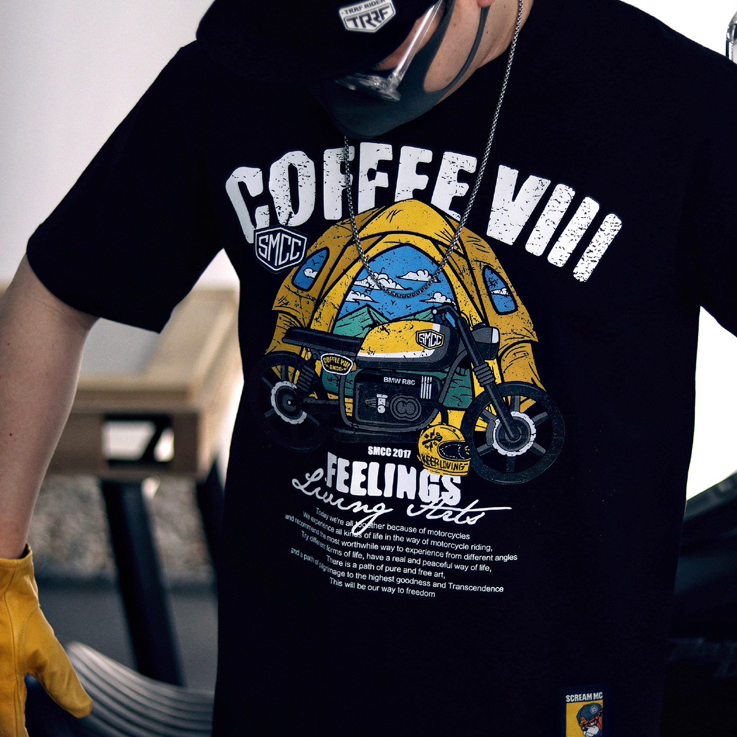 机车露营风复古插画风格Retro trend免烫短袖T流行印花休闲圆领