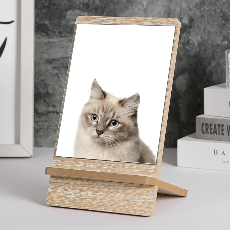 高清单面台式化妆镜木质木纹方形镜子书桌简约梳妆镜便携随身镜子