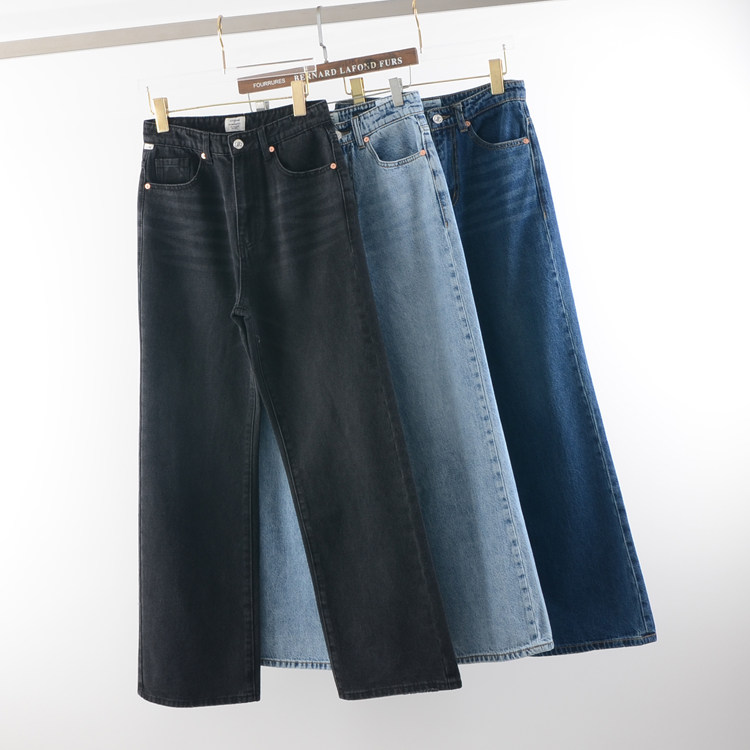 全棉高腰直筒牛仔裤阔腿裤长裤女