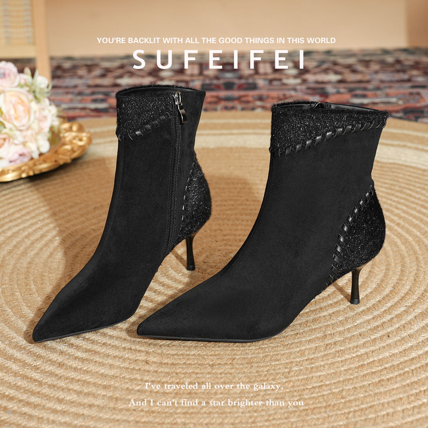 SUFEIFEI黑色绒面尖头细跟短靴女百搭高跟瘦瘦靴法式拉链踝靴