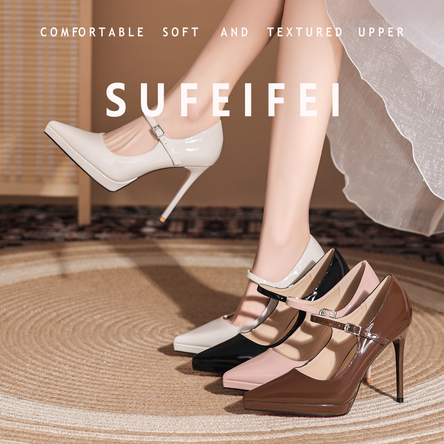 SUFEIFEI高跟鞋女细跟【羊皮版】春夏季新款尖头防水台绝美配短裙