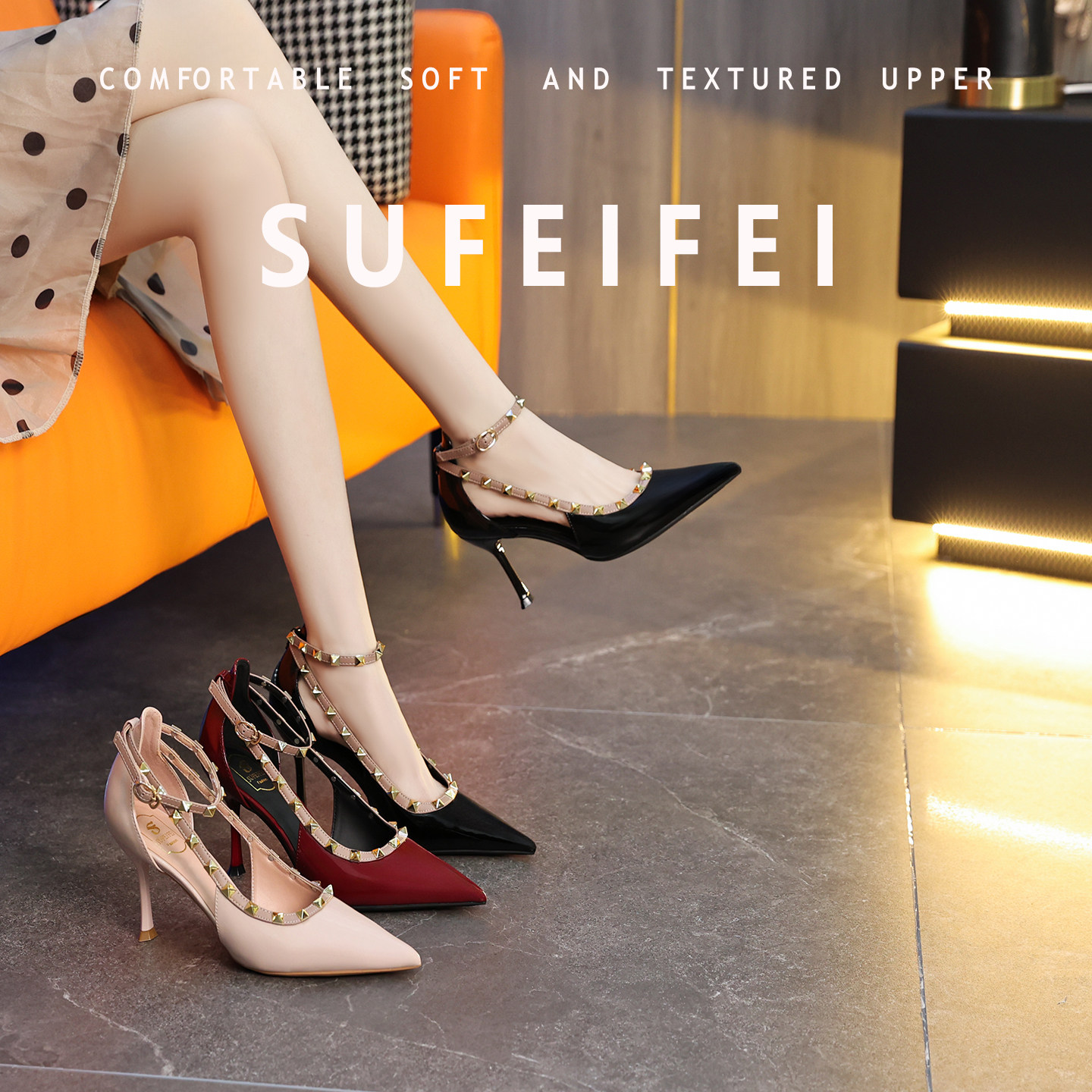 SUFEIFEI【羊皮版】夏季性感铆钉细跟高跟鞋配旗袍不累脚通勤单鞋