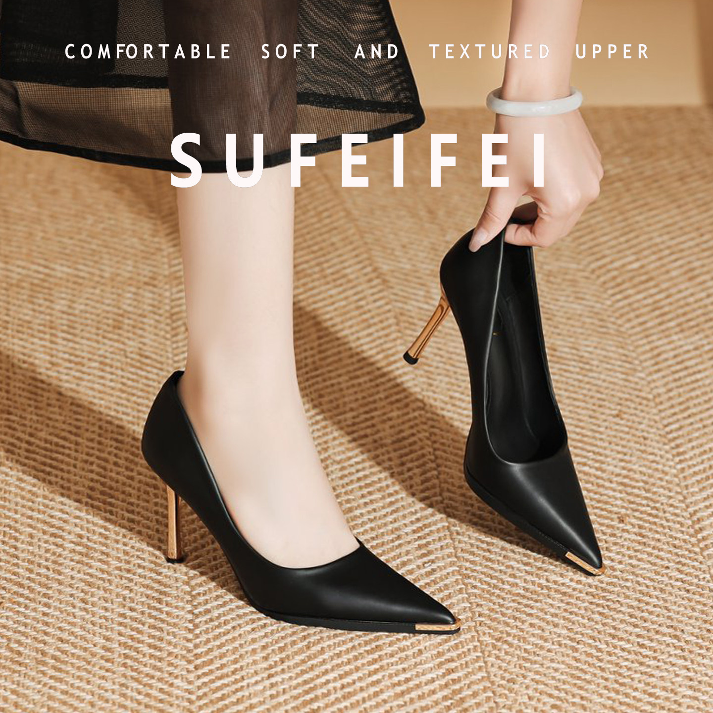 SUFEIFEI【羊皮版】皮面高跟鞋女细跟舒适新款小个子职业工作单鞋