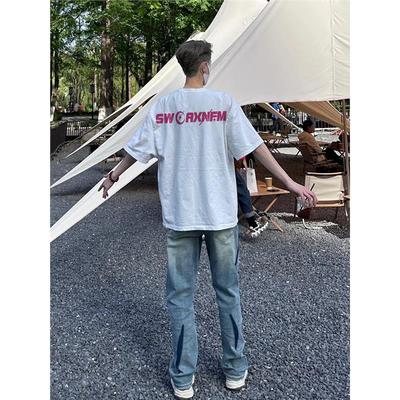 夏季美式街头潮牌字母印花纯棉短袖T恤男生hiphop潮流小领口上衣