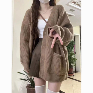 春秋针织V领纯色韩版开衫女中长款宽松毛衣外套百搭长袖上衣外搭