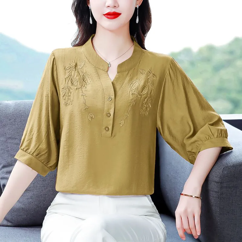 棉麻亚麻上衣女小衫刺绣中袖七分袖夏季高端中年妈妈时尚洋气薄款