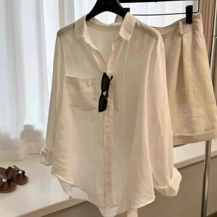 防晒上衣 女春夏慵懒长袖 漂亮超仙大码 轻奢高级感天丝亚麻白色衬衫