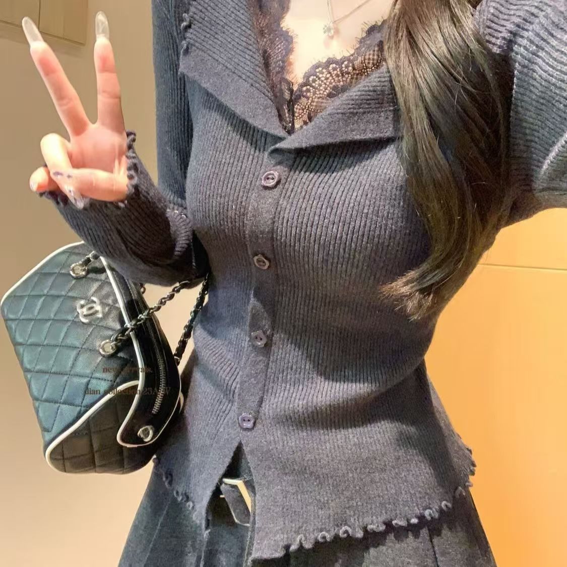 咖色蕾丝拼接V领内搭打底可外穿针织开衫女2025秋冬季巨好看上衣,女装/女士精品,毛衣,淘宝优惠券,粉丝福利购,淘宝优惠卷