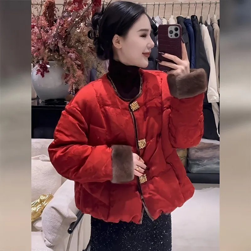 新款时尚国风轻奢立体拼接纯色棉服外套冬季高级感妈妈女装棉衣女