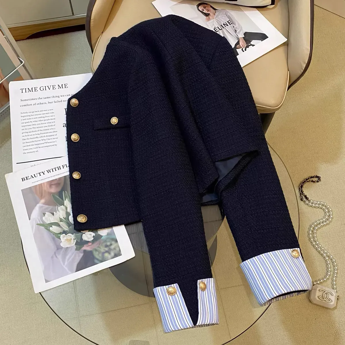 韩系外套藏青色新款气质2025春秋季洋气女短款拼接小香风上衣,女装/女士精品,短外套,淘宝优惠券,粉丝福利购,淘宝优惠卷