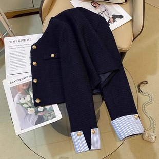 韩系外套藏青色新款气质2025春秋季洋气女短款拼接小香风上衣