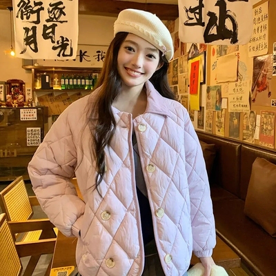 2025冬季新款轻薄菱格羽绒棉服女士时尚洋气减龄夹棉外套棉衣棉袄