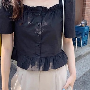 上衣服 小众设计感方领木耳边洋气黑衬衫 女夏季 法式 甜美气质泡泡袖