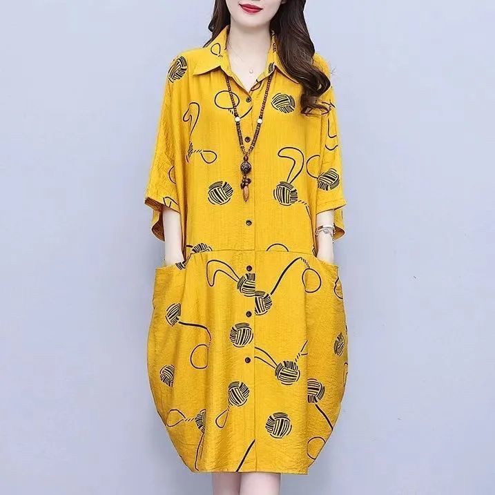 胖mm韩版时尚宽松型衬衫裙中长款2026夏装女加大码休闲印花连衣裙