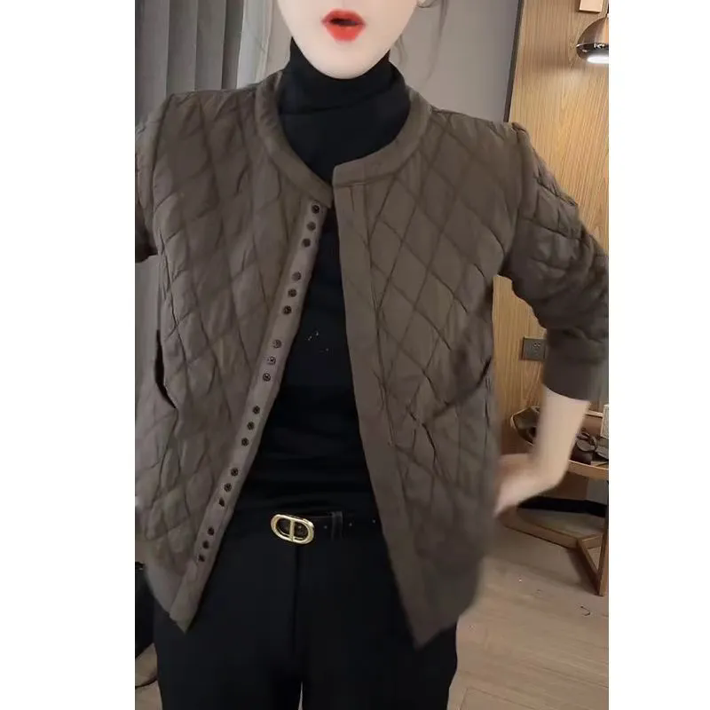 轻薄菱格棉服女士短款高级感2025秋冬季新款大码妈妈夹克棉衣外套
