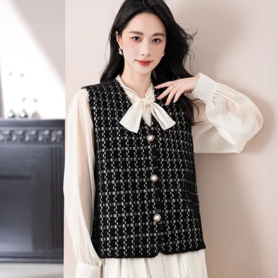 小香风水貂绒针织马甲女款外搭秋季大码胖mm显瘦无袖毛衣背心上衣