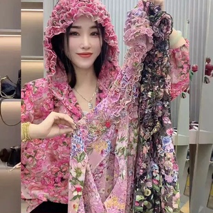 2025时尚气质碎花木耳边连帽雪纺衬衫休闲减龄防晒宽松显瘦女外套
