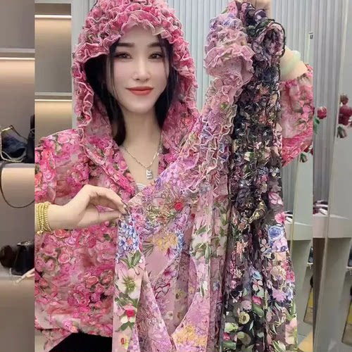 2025时尚气质碎花木耳边连帽雪纺衬衫休闲减龄防晒宽松显瘦女外套