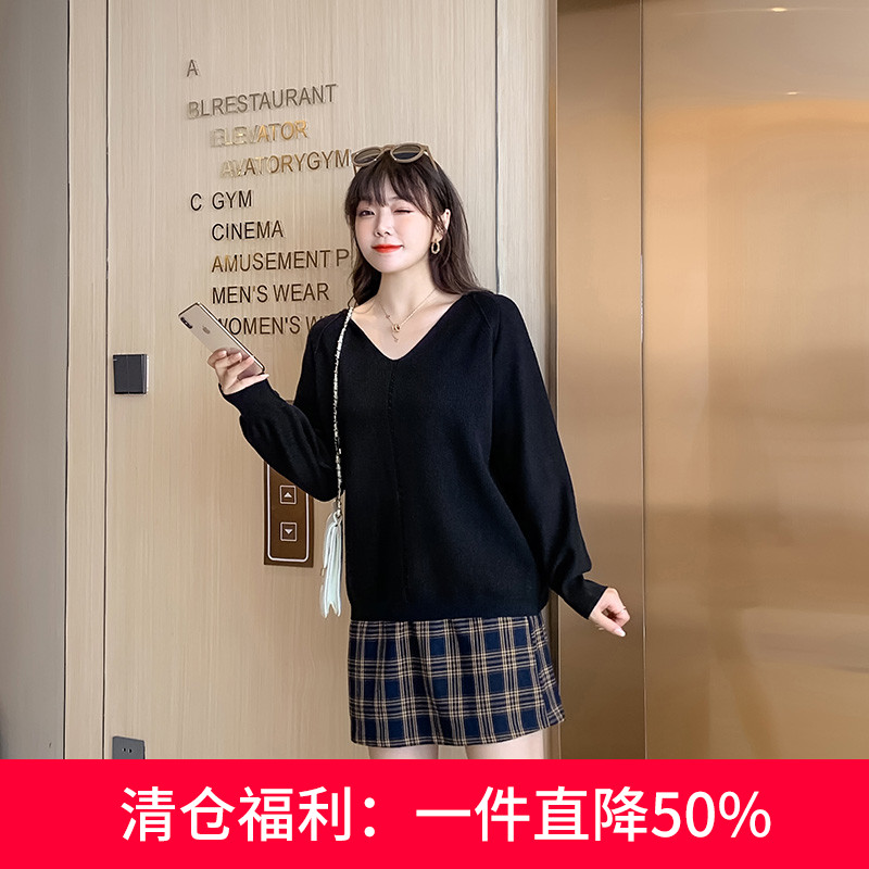 v领针织遮肚子休闲胖mm宽松毛衣