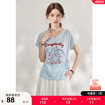 绮娑大码女装2026年夏季新款显瘦胖MM上衣女甜美V领卡通印花T恤