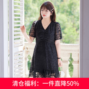 黑色提花雪纺A字裙子收腰显瘦胖MM气质V领连衣裙 大码 女装 夏季 新款