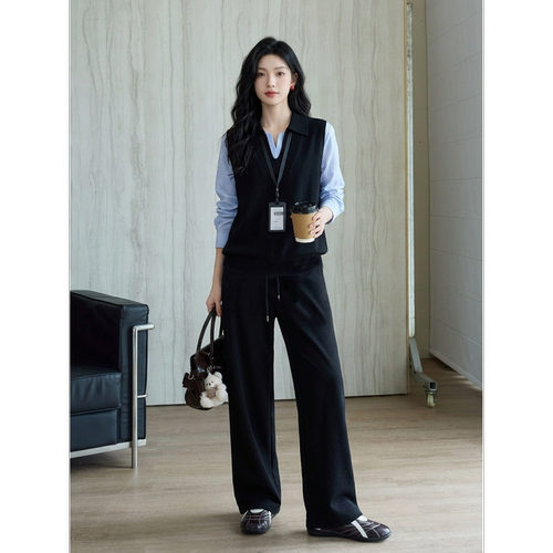 绮娑大码女装2026秋装新款显瘦胖mm假两件针织马甲衬衣阔腿裤套装