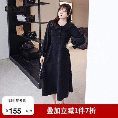 绮娑女装大码胖MM连衣裙秋冬新款减龄娃娃领收腰磨毛A字黑色长裙