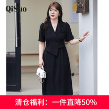 显瘦大码胖MM假两件套装连衣裙短袖夏季新款气质西装领收腰小黑裙