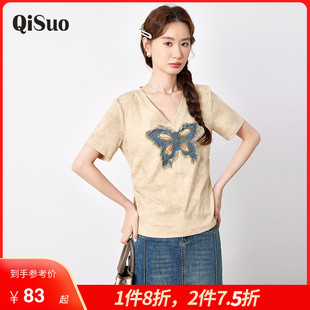 上衣女 绮娑大码 胖MM蝴蝶结T恤2025夏季 新款 V领设计感显瘦正肩短袖