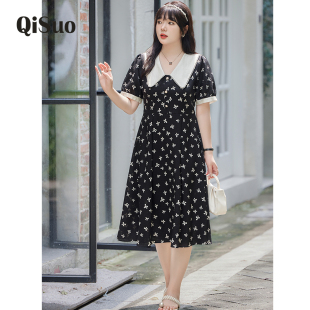 减龄娃娃领收腰雪纺碎花长裙 新款 绮娑显瘦胖MM大码 连衣裙2024夏装