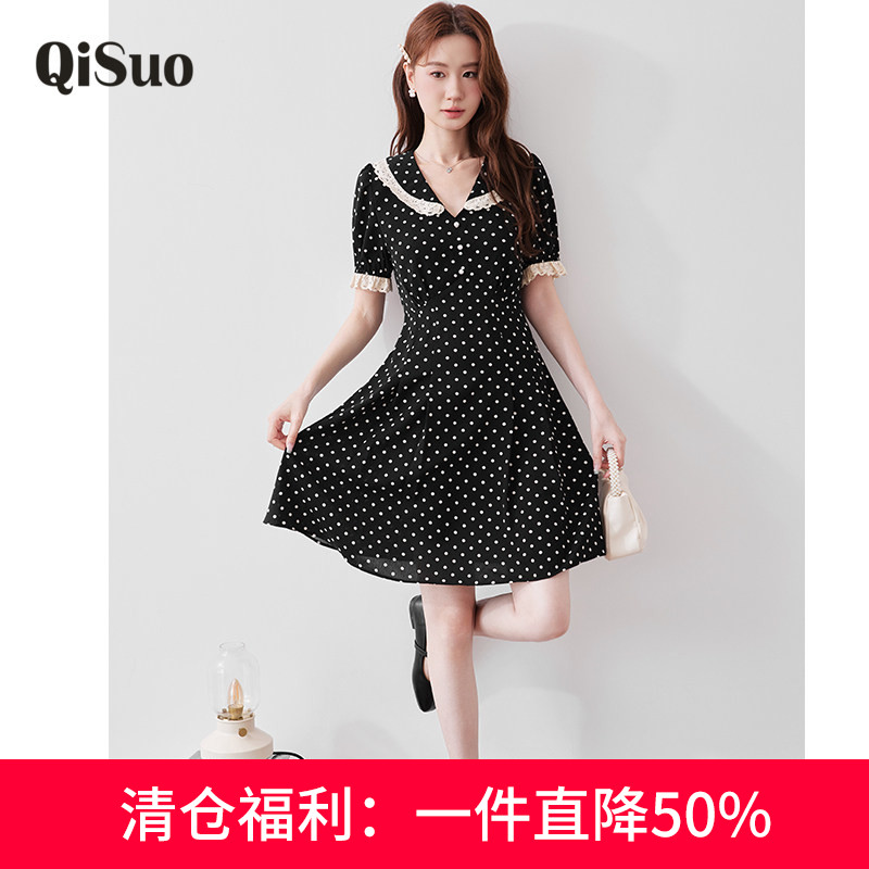 绮娑显瘦胖MM连衣裙2026年夏季新款大码女装V领收腰波点雪纺A字裙图片
