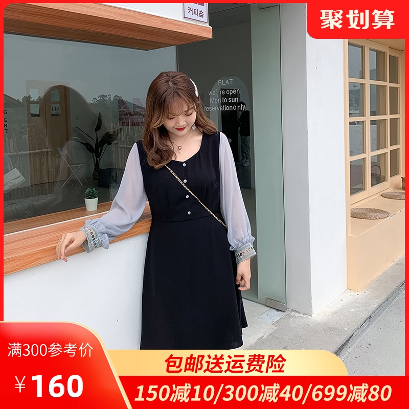 2020秋装新款方领长袖显瘦遮肚子轻熟风减龄A字胖MM大码连衣裙