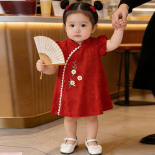 女童连衣裙夏季公主裙女童礼服裙子婴儿短袖缎面大红宝宝周岁礼服