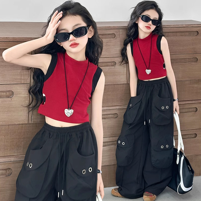 女童热辣短款背心2025夏季新小女孩撞色无袖T恤儿童潮酷时髦上衣