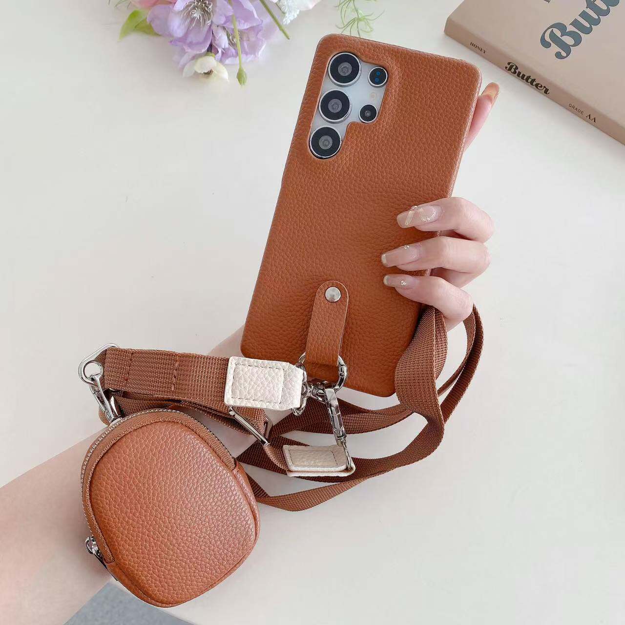 A55/A54口红耳机零钱包一体适用三星s25ultra手机壳s24荔枝纹s22+s23ultra挂绳s21fe斜挎note20皮A72保护套15