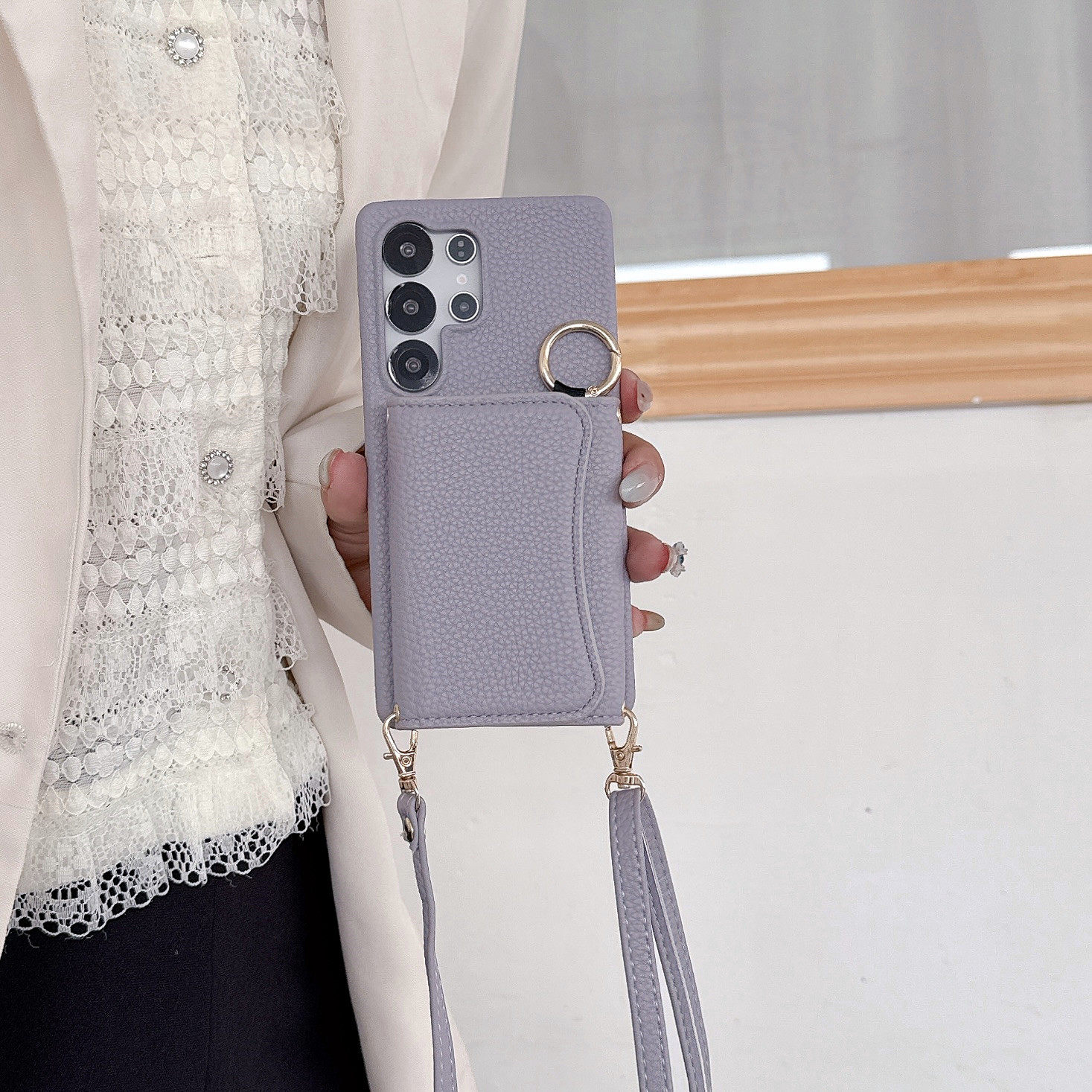 A55带镜子卡包适用三星s25ultra手机壳挂绳galaxys24+plus斜挎可背s23fe零钱包s22卡夹25U半包24U皮革5g外壳